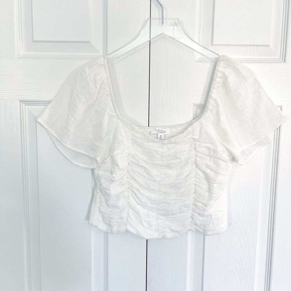 Romantic Coquette Renn Faire Kirious White Ruched Cropped Blouse Flutter Sleeve
